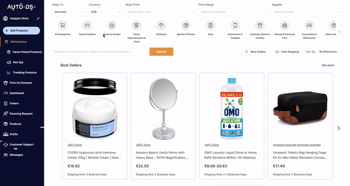 AutoDS Marketplace with filters for finding dropshipping products from German suppliers