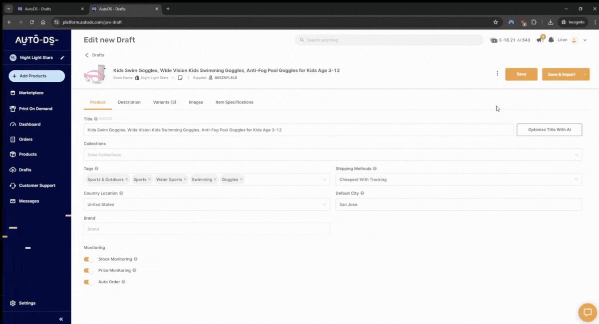 AutoDS's AI title and description generator to automate your dropshipping business